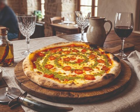 Pizza garnie de sauce verte et tomates sur une planche en bois, avec des verres et une carafe.