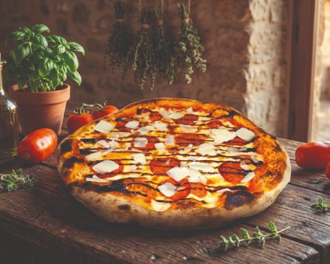Pizza garnie de tomates, mozzarella et herbes, posée sur une table en bois rustique.