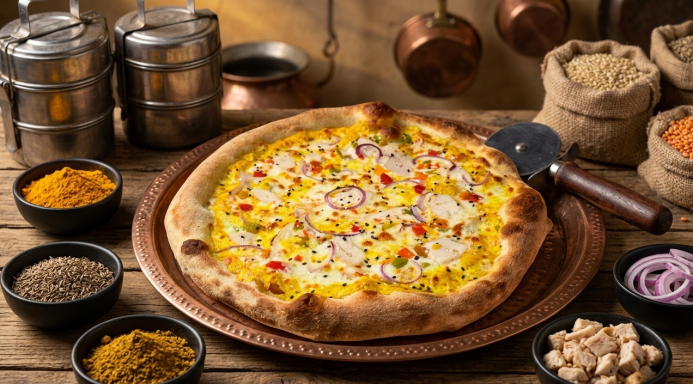 Pizza aux saveurs orientales (curry cumin curcuma) avec des poivrons et des oignons rouges, dans un décor rappelant les marchés d'Inde