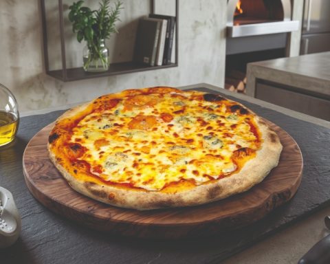 Pizza froma­gère avec une croûte dorée, servie sur une planche en bois.
