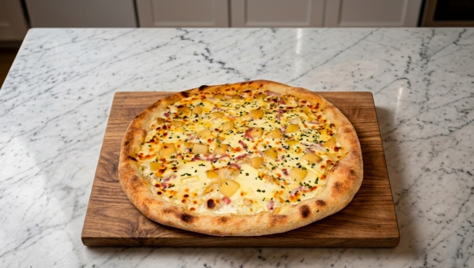 Pizza bien garnie sur une planche en bois, posée sur un plan de travail en marbre.