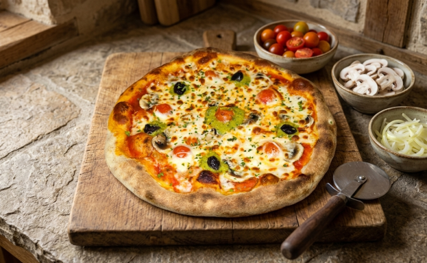 Pizza végétarienne avec des olives, du pesto, sur une planche en bois