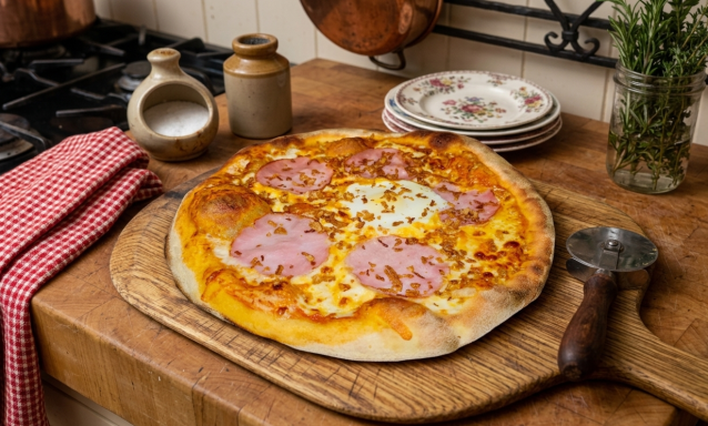 Pizza garnie de jambon et fromage, servie sur une planche en bois avec des assiettes en arrière-plan.