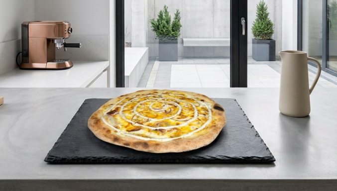 Pizza garnie sur une pierre noire, avec un fond moderne et lumineux.