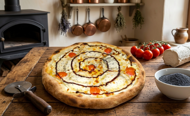 Pizza végétarienne avec du fromage de chèvre fondant, des tomates cerises et du miel balsamique